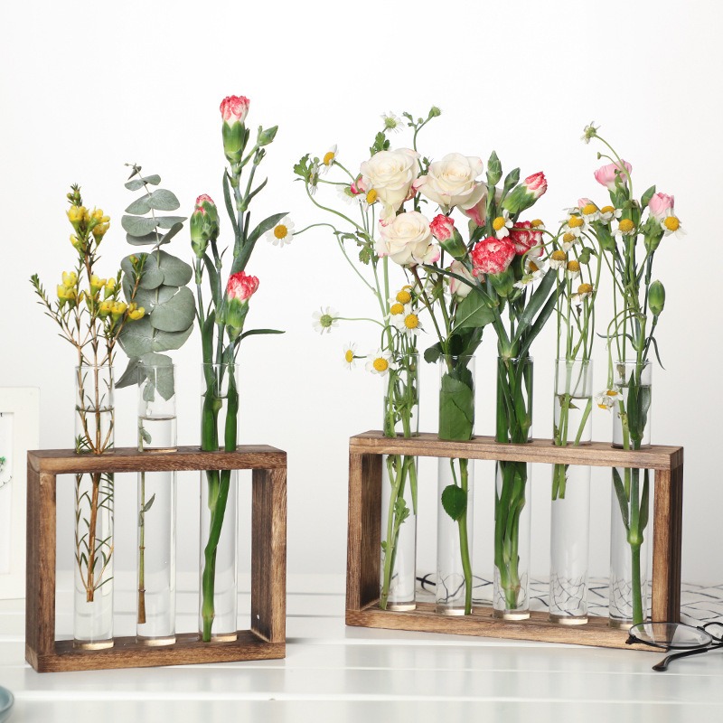 Indoor Herb Garden Kit - 5-Röhren-Glas-Hydrokultur-Pflanzgefäß mit Holzständer, selbstbewässernde Wand-/Desktop-Pflanzenvase für
